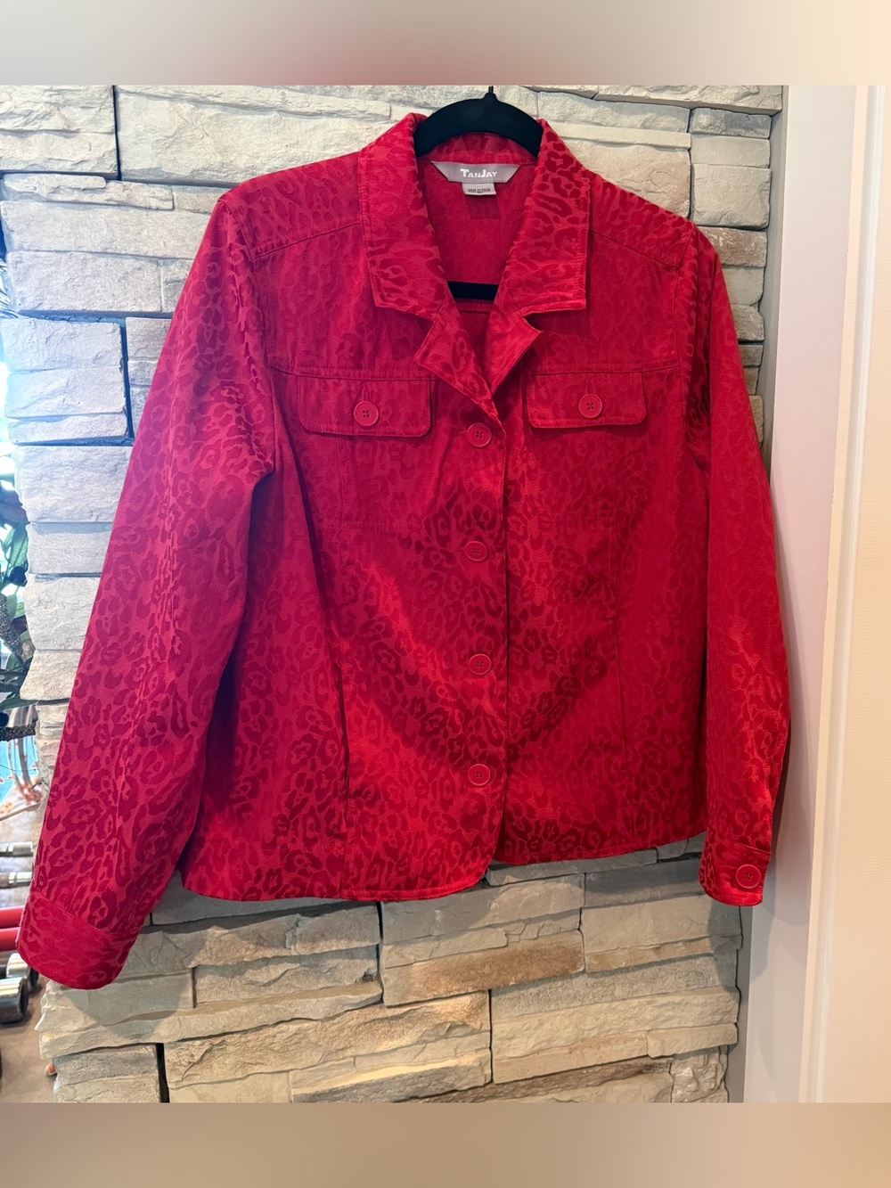 TanJay Lightweight Red Button Crop Jacket Leopard Print Size 12